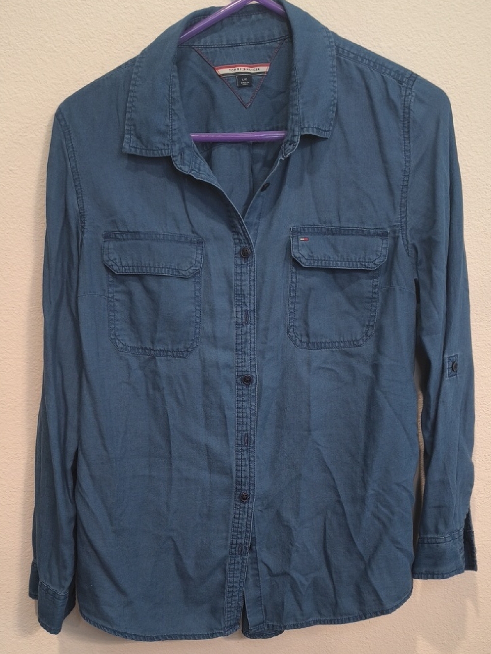 Tommy Hilfiger Blue Denim-Style Casual Button-Down Shirt Ladies Large